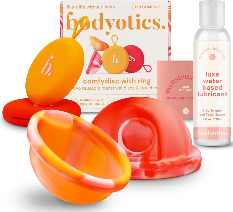 Bodyotics Reusable Menstrual Disc & Personal Lube Bundle - 2 Silicone Period Discs (Small & Large, Red/Orange), Wear Up to 12 Hours, Silicone-Friendly Water-Based Lube for Women & Couples - Image 1